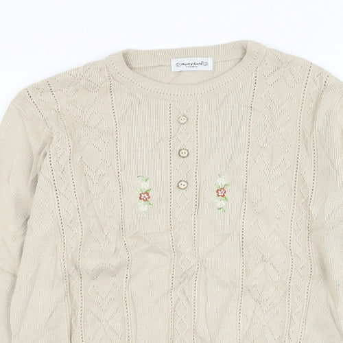 Merry Gold Womens Beige Round Neck Acrylic Pullover Jumper Size M - Flower