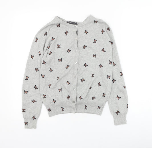 Front view of Primark women’s grey round neck cotton jumper, size UK 6, - butterfly