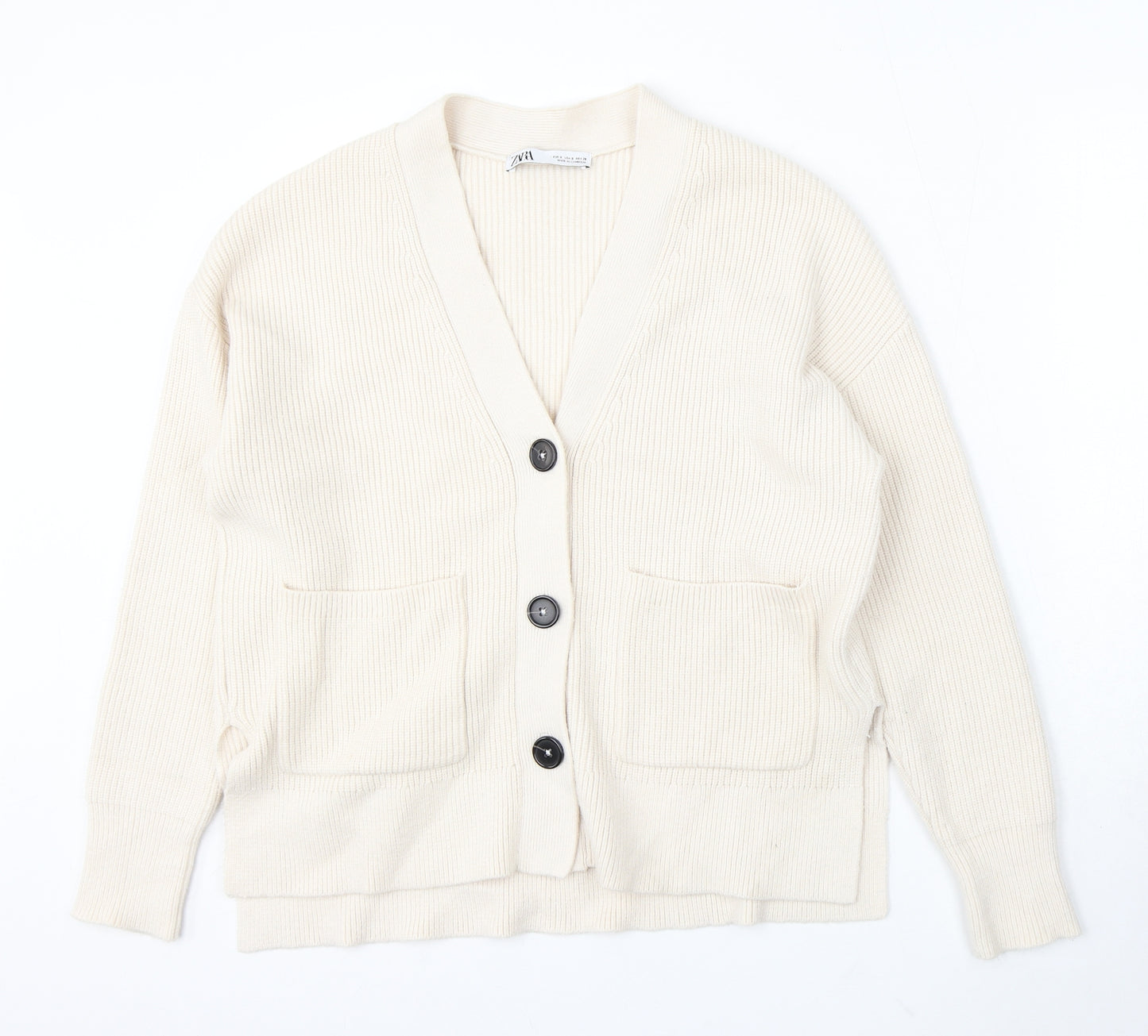 Zara Womens Ivory V-Neck Viscose Cardigan Jumper Size S