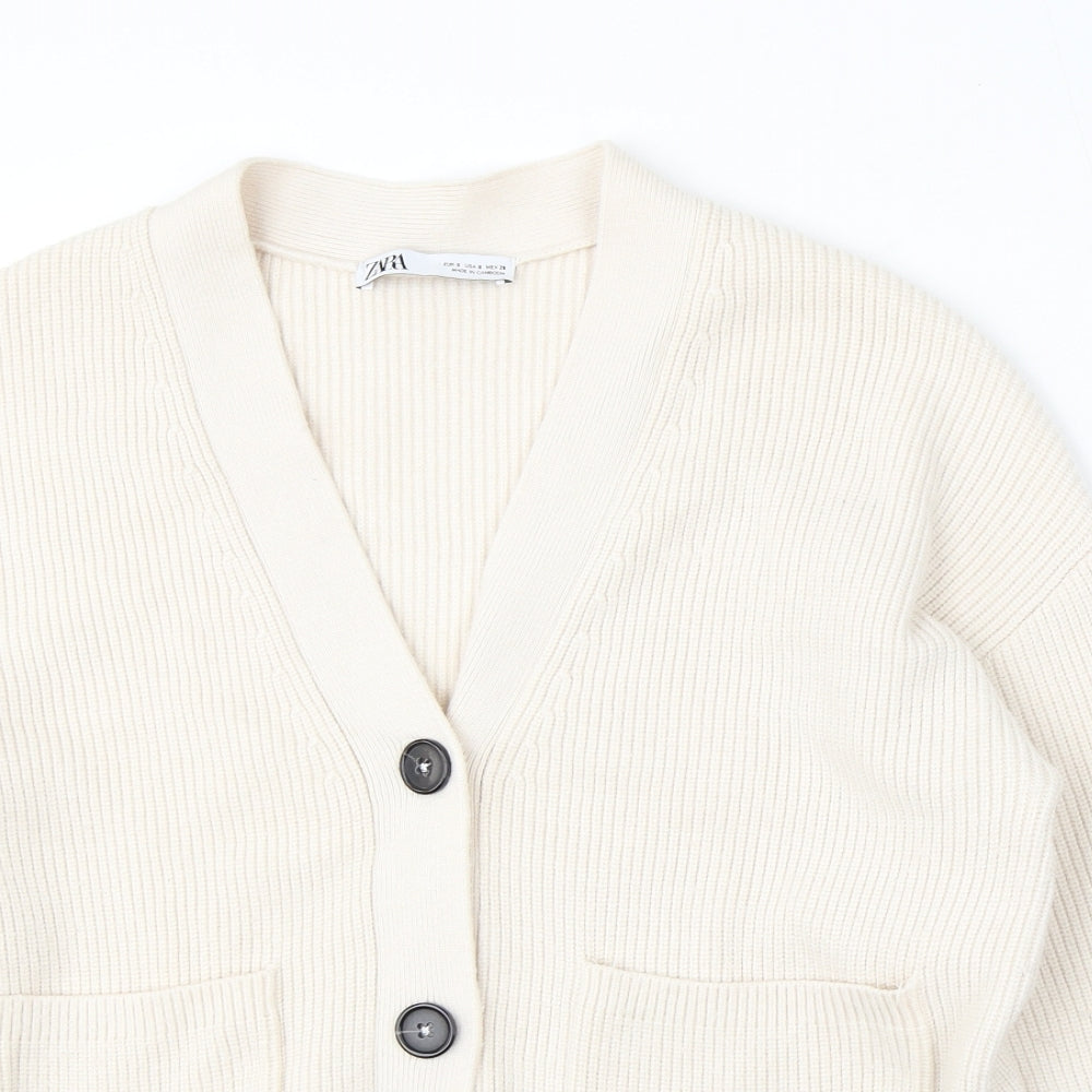 Zara Womens Ivory V-Neck Viscose Cardigan Jumper Size S