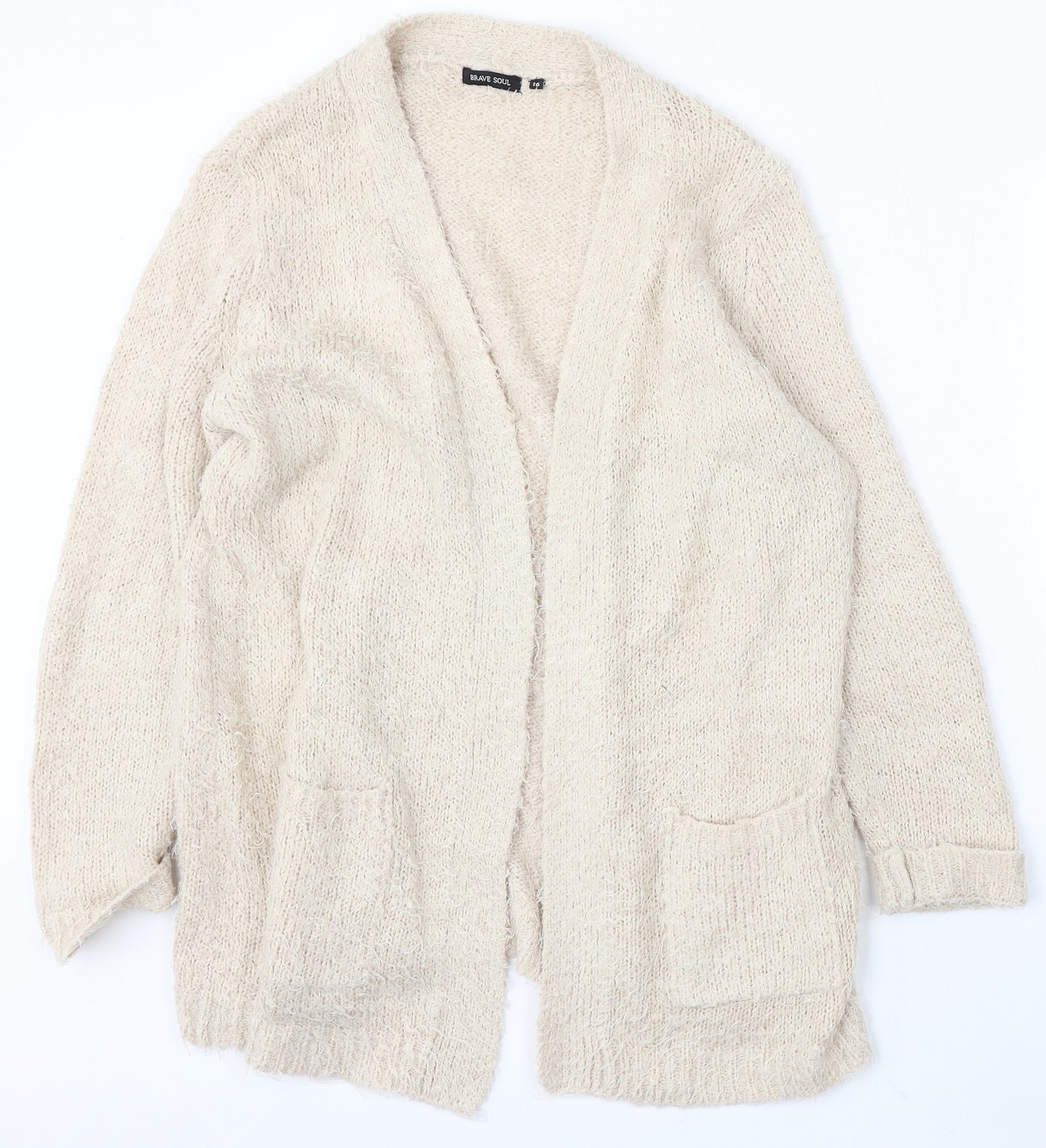 Brave Soul Womens Beige V-Neck Polyester Cardigan Jumper Size 16