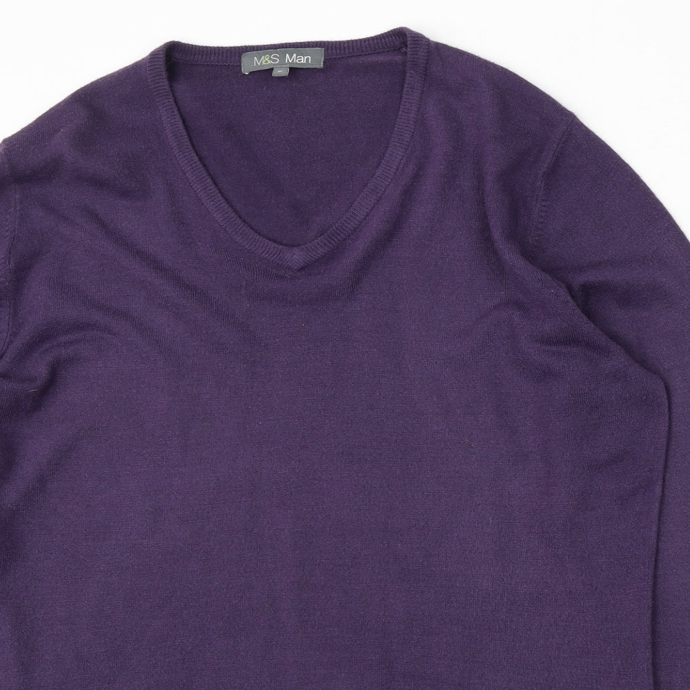 Marks and Spencer Mens Purple V-Neck Acrylic Pullover Jumper Size M