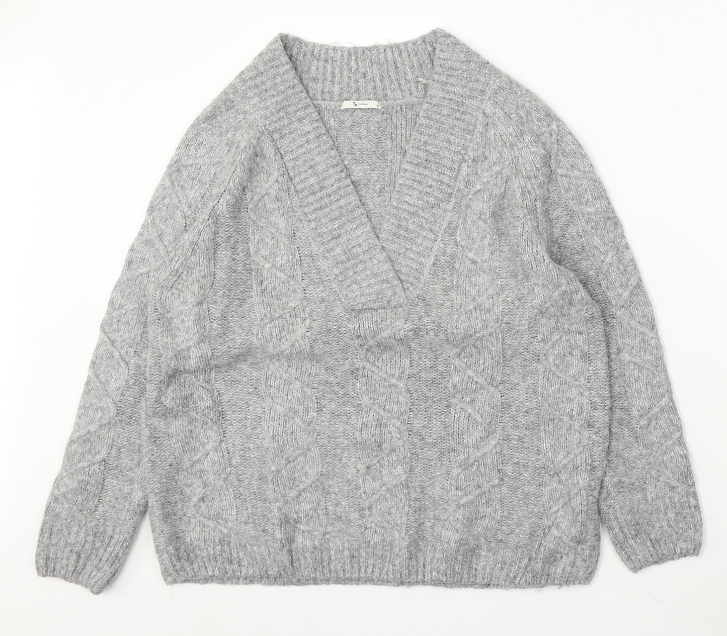 TU Womens Grey V-Neck Acrylic Pullover Jumper Size 16