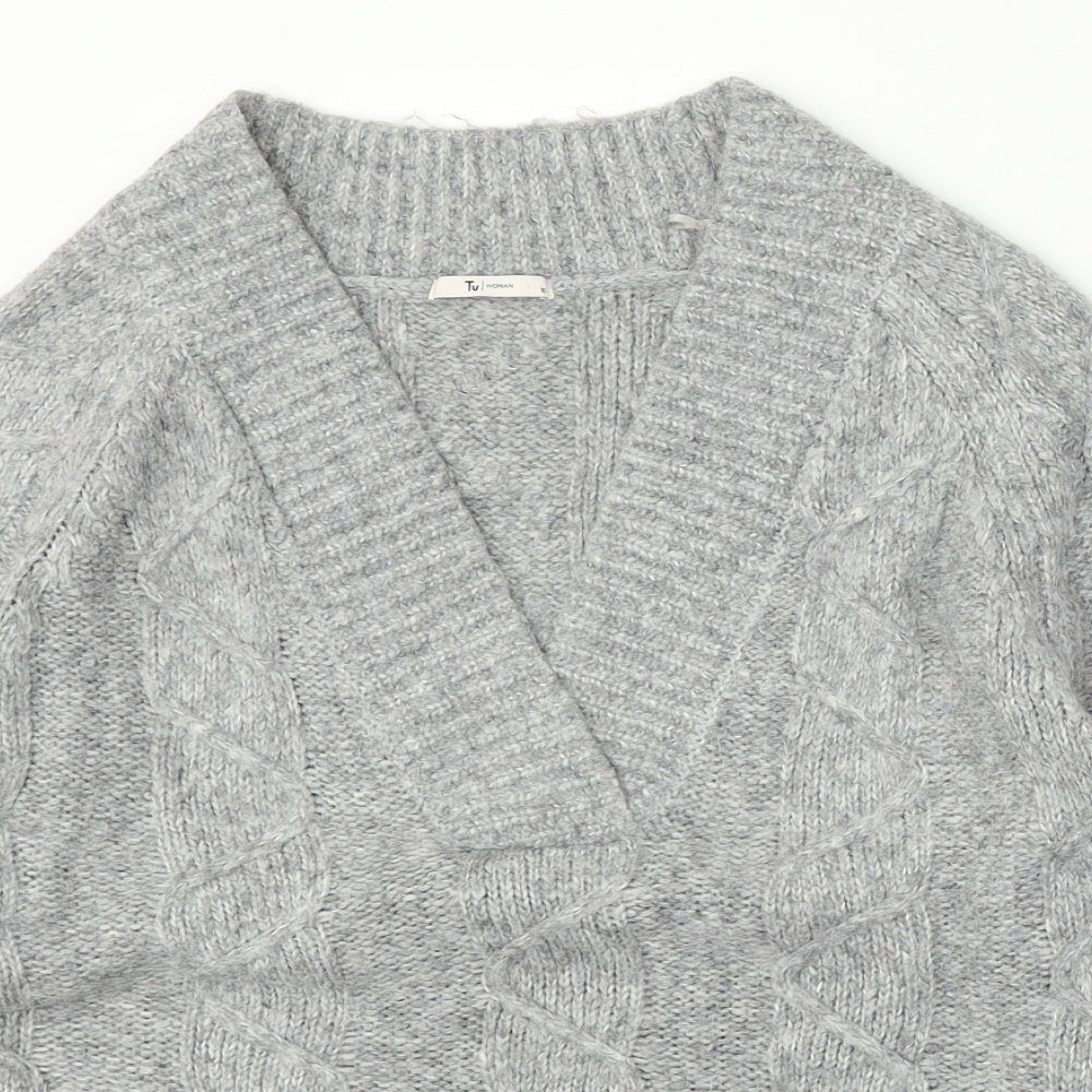 TU Womens Grey V-Neck Acrylic Pullover Jumper Size 16