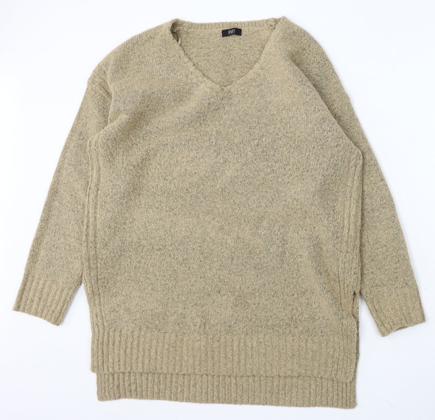 F&F Womens Beige V-Neck Acrylic Pullover Jumper Size 16