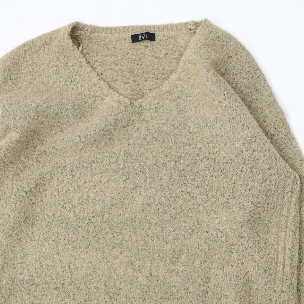F&F Womens Beige V-Neck Acrylic Pullover Jumper Size 16