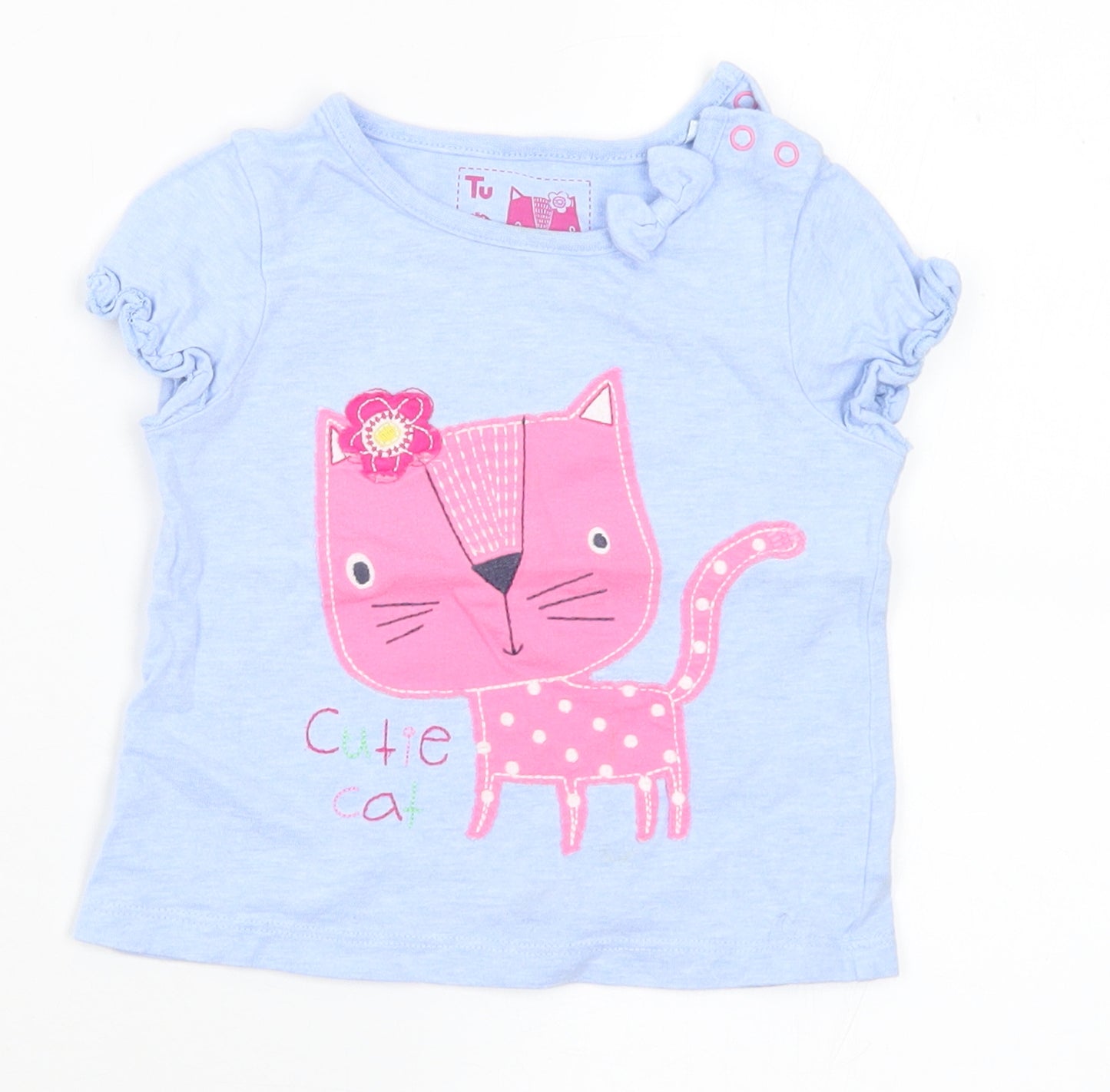 TU Girls Blue Cotton Basic T-Shirt Size 12-18 Months Round Neck - Cat