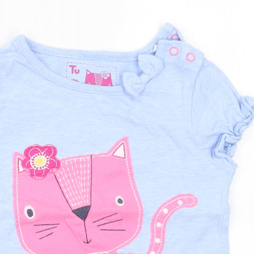 TU Girls Blue Cotton Basic T-Shirt Size 12-18 Months Round Neck - Cat