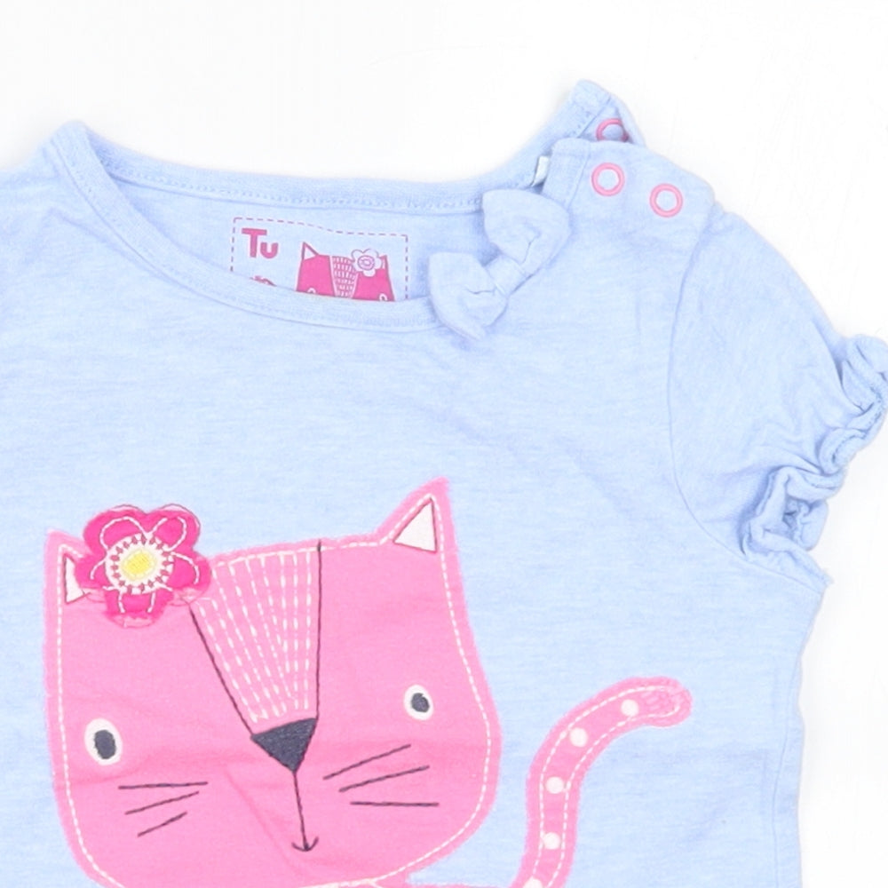 TU Girls Blue Cotton Basic T-Shirt Size 12-18 Months Round Neck - Cat