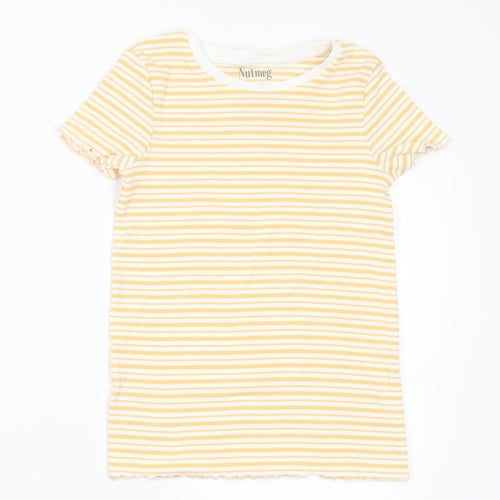 Nutmeg Girls Yellow Striped Cotton Basic T-Shirt Size 10-11 Years Round Neck