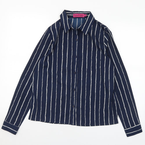 Boohoo Womens Blue Striped Polyester Basic Blouse Size 8 Collared