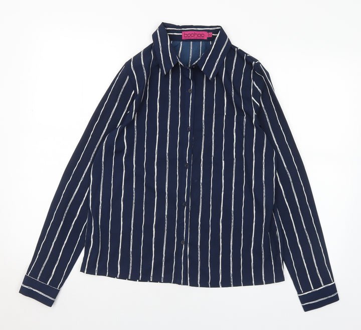 Boohoo Womens Blue Striped Polyester Basic Blouse Size 8 Collared