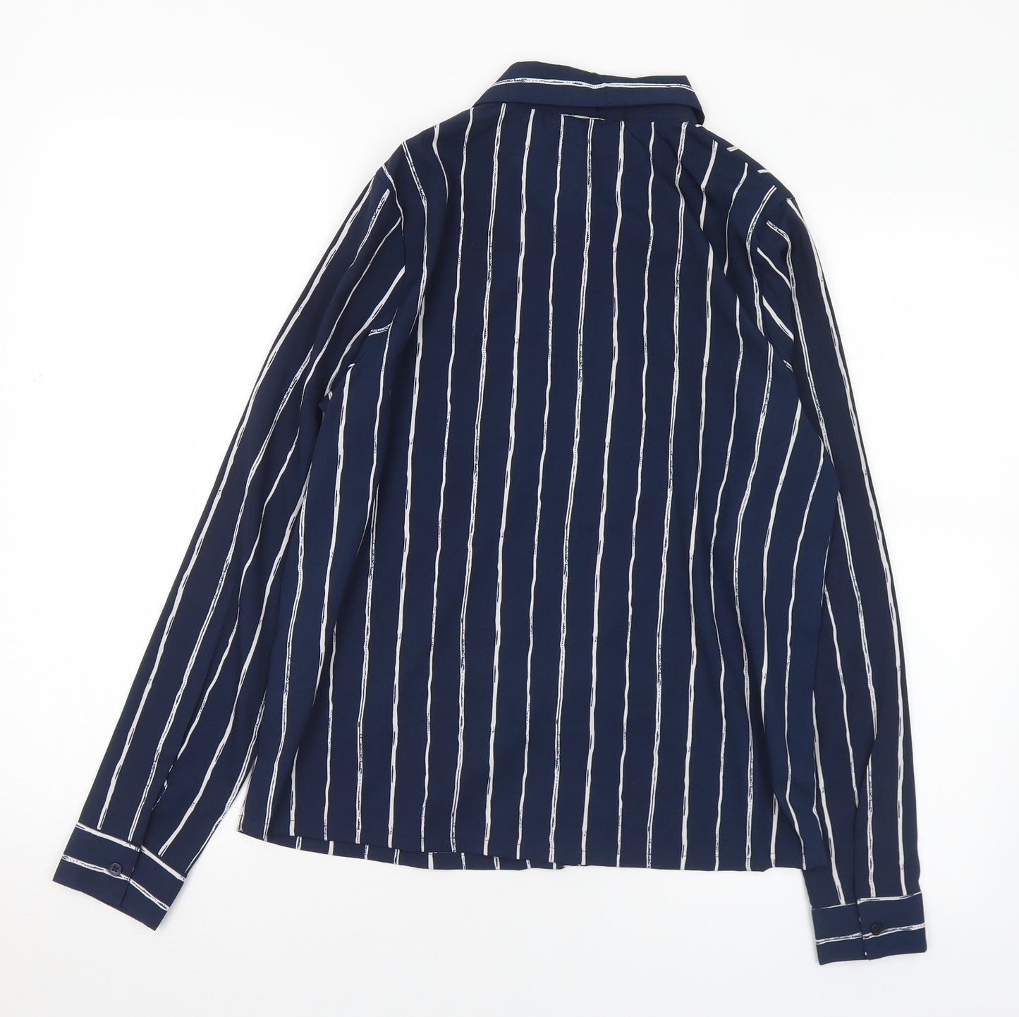 Boohoo Womens Blue Striped Polyester Basic Blouse Size 8 Collared
