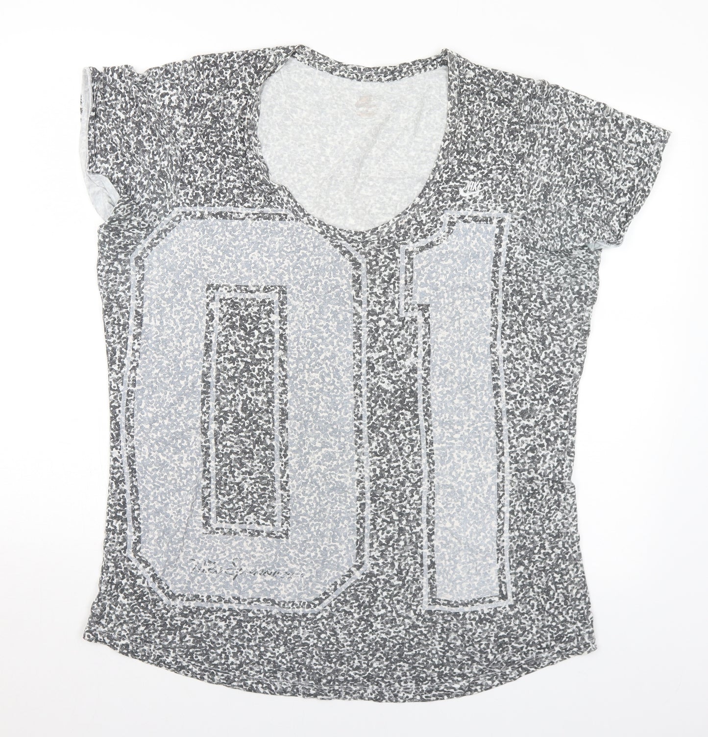 Nike Womens Grey Geometric Polyester Basic T-Shirt Size 2XL Scoop Neck
