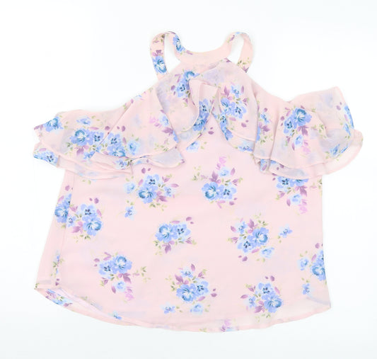 Front view of Preworn women’s multicoloured floral polyester basic blouse, size S, mock neck