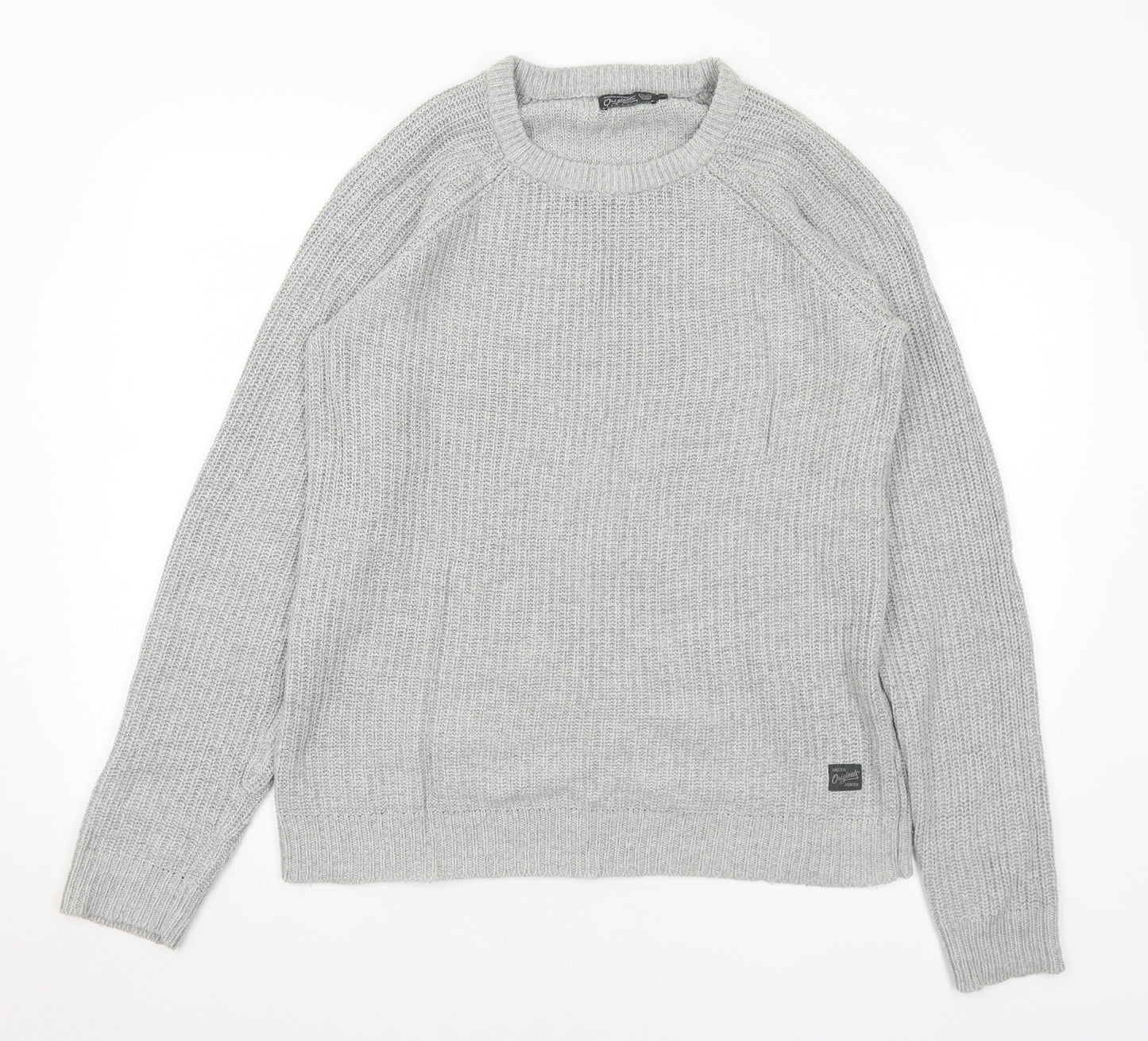 JACK & JONES Mens Grey Crew Neck Cotton Pullover Jumper Size L
