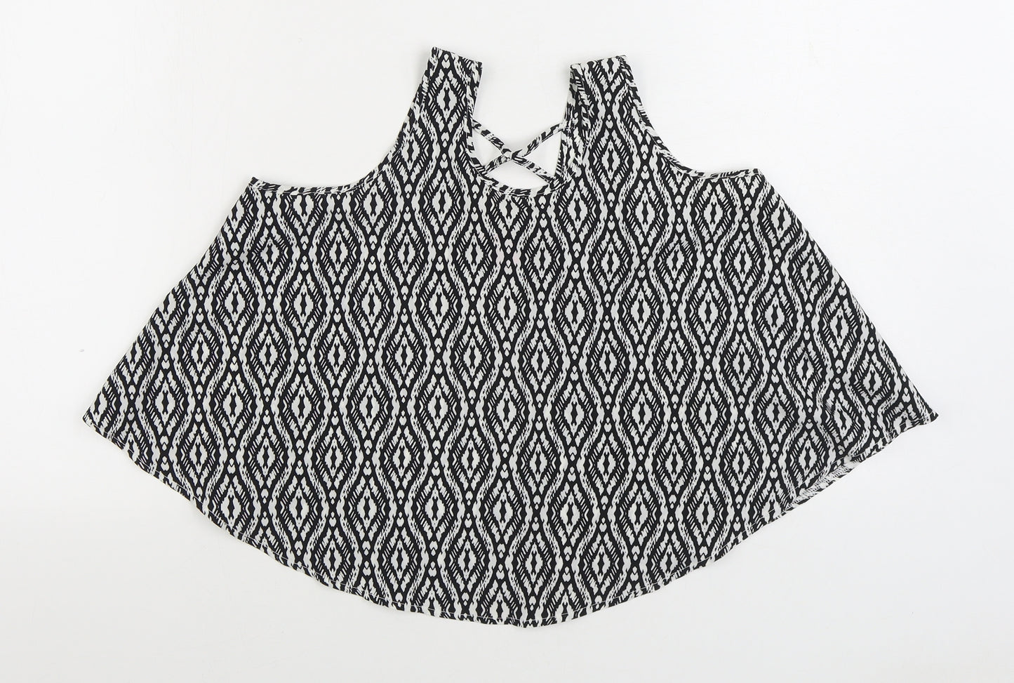 Young Dimension Girls Black Geometric Polyester Basic Button-Up Size 12-13 Years Scoop Neck Pullover