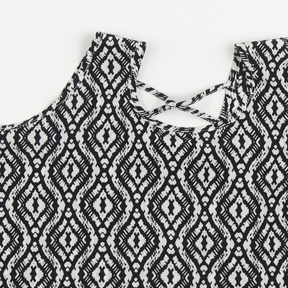 Young Dimension Girls Black Geometric Polyester Basic Button-Up Size 12-13 Years Scoop Neck Pullover