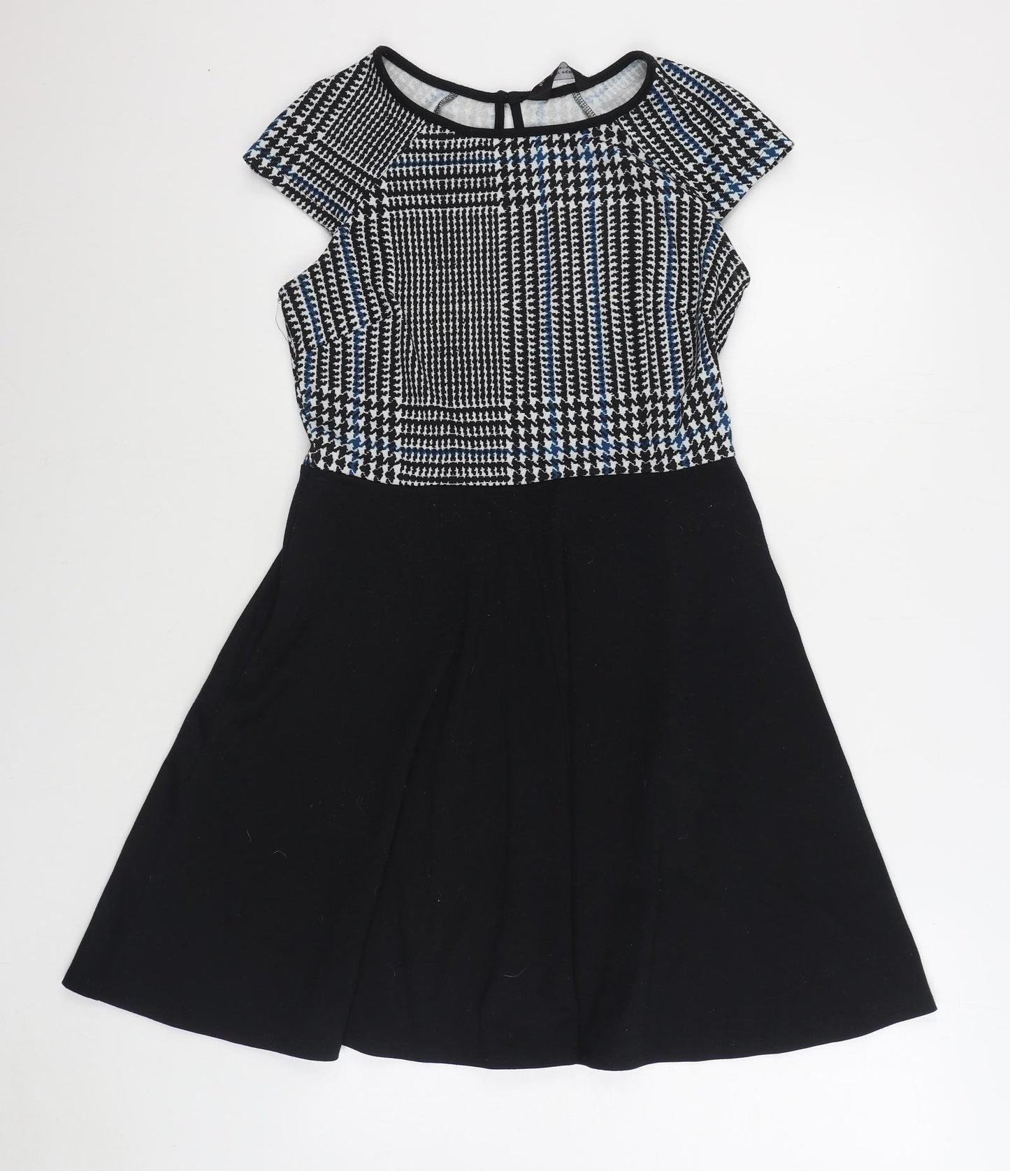 Dorothy Perkins Womens Black Houndstooth Polyester Skater Dress Size 10 Boat Neck Button