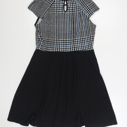 Dorothy Perkins Womens Black Houndstooth Polyester Skater Dress Size 10 Boat Neck Button