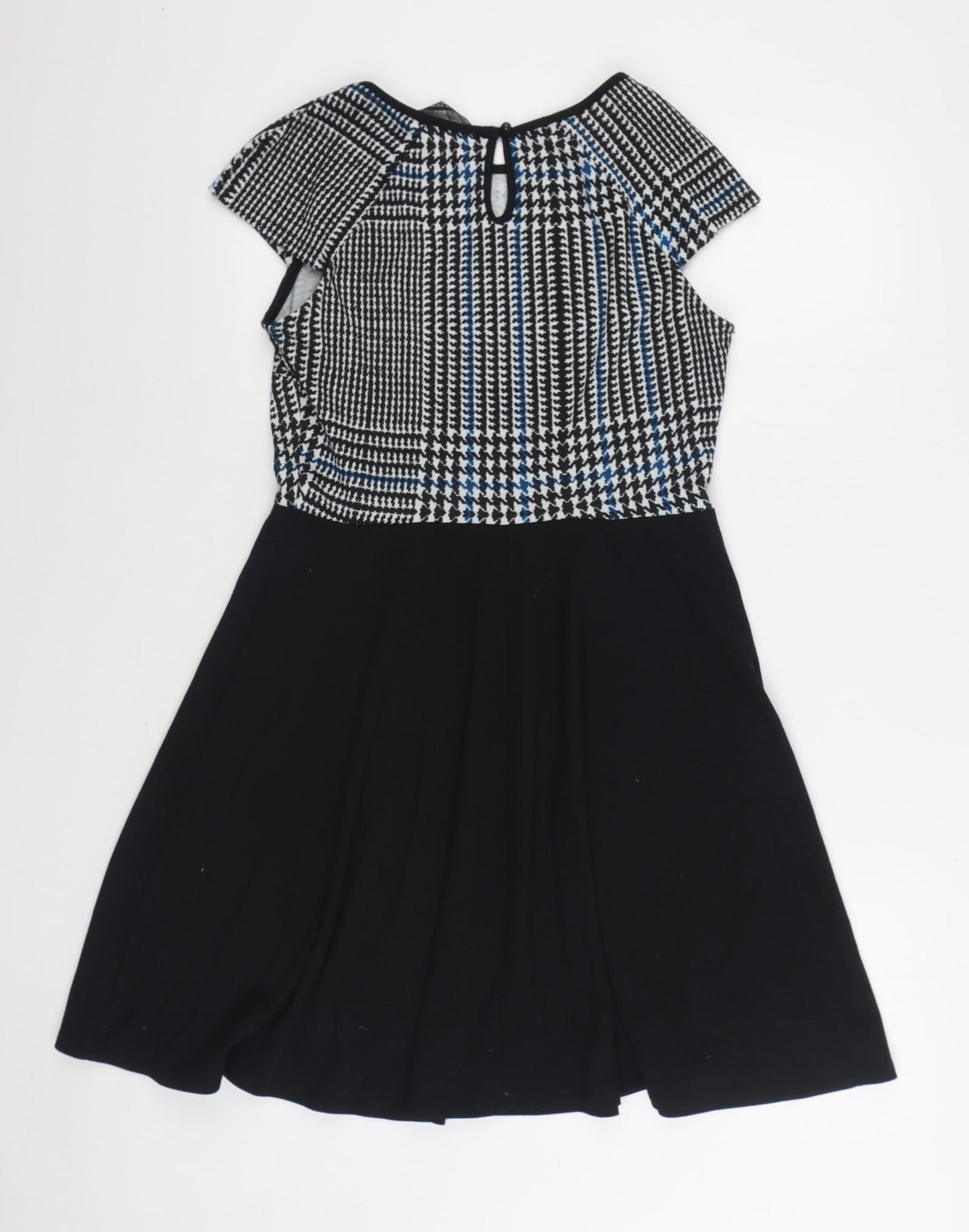 Dorothy Perkins Womens Black Houndstooth Polyester Skater Dress Size 10 Boat Neck Button