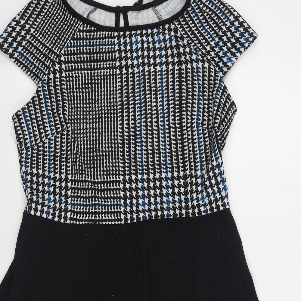 Dorothy Perkins Womens Black Houndstooth Polyester Skater Dress Size 10 Boat Neck Button