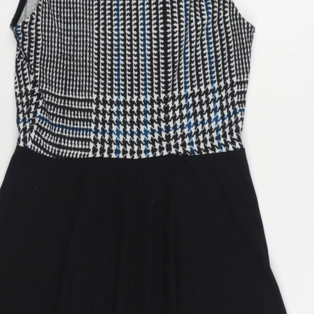 Dorothy Perkins Womens Black Houndstooth Polyester Skater Dress Size 10 Boat Neck Button