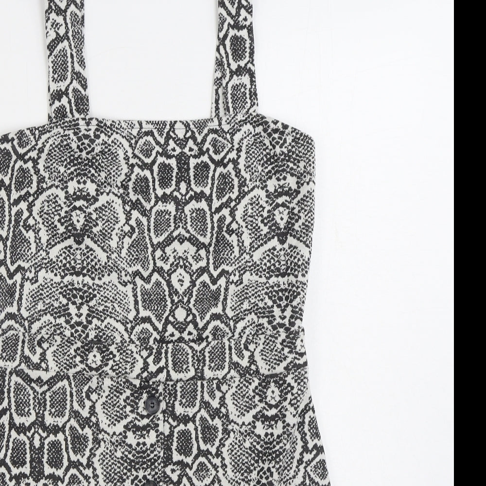 F&F Womens Grey Animal Print Polyester Pinafore/Dungaree Dress Size 10 Square Neck Pullover