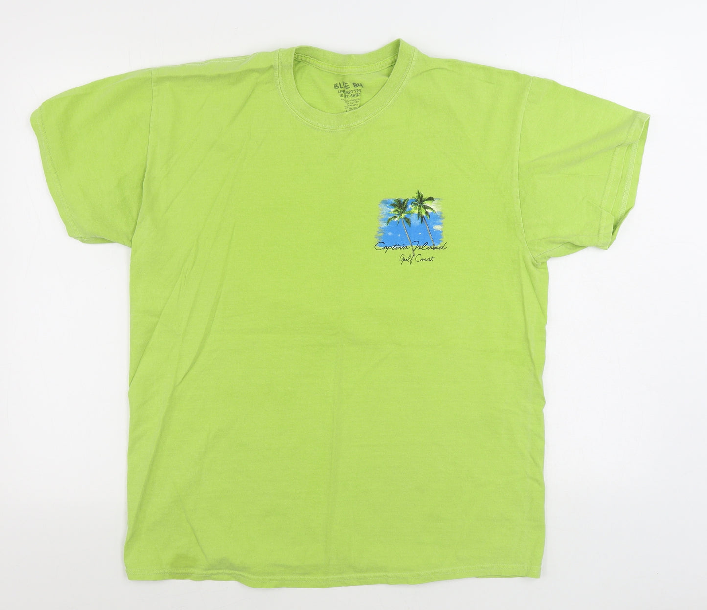 BLUE 84 Mens Green Cotton T-Shirt Size L Round Neck