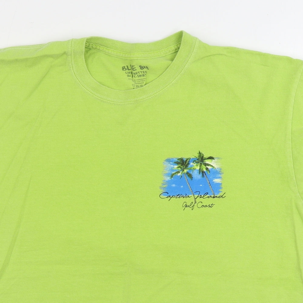 BLUE 84 Mens Green Cotton T-Shirt Size L Round Neck