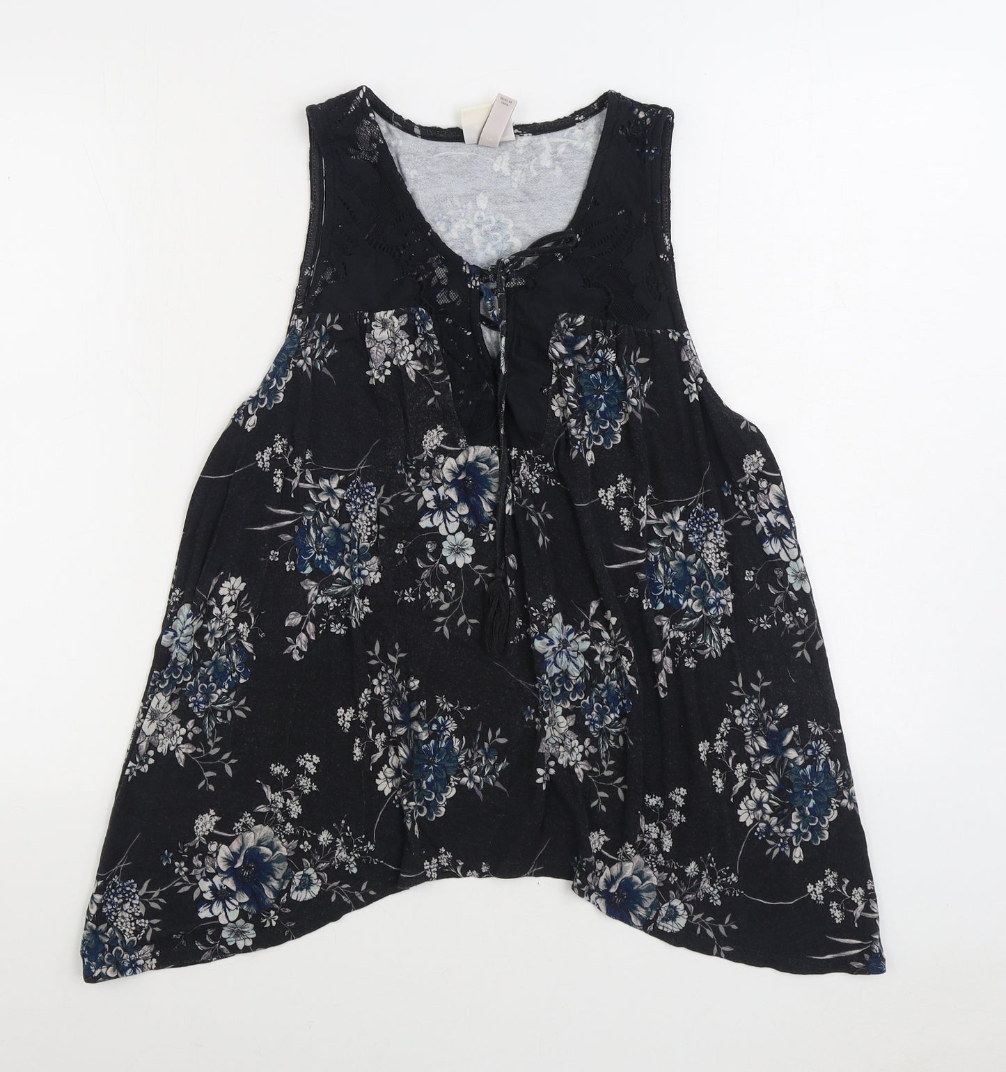 Konk Rose Womens Black Floral Cotton Basic Blouse Size L Scoop Neck