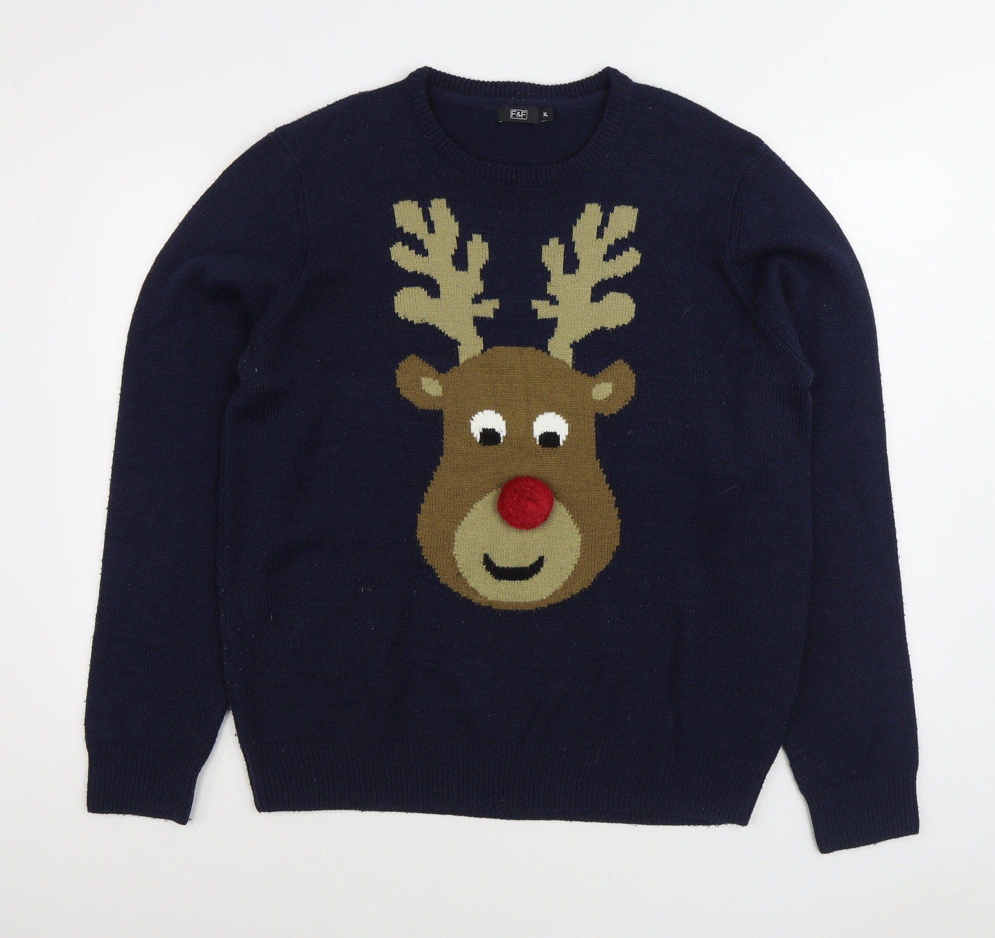 F&F Mens Blue Round Neck Acrylic Pullover Jumper Size XL - Christmas Jumper