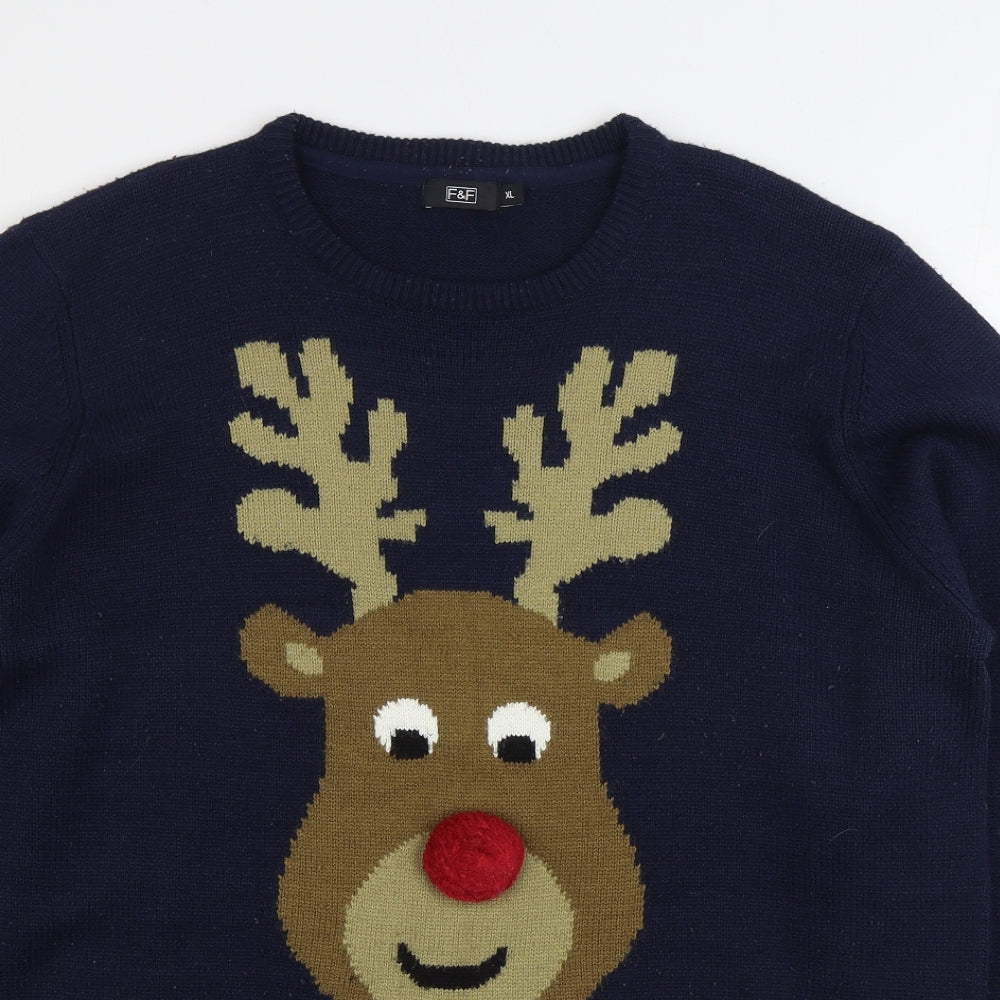 F&F Mens Blue Round Neck Acrylic Pullover Jumper Size XL - Christmas Jumper