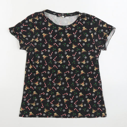 Pep & Co Womens Black Geometric Cotton Basic T-Shirt Size 8 Round Neck