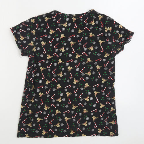 Pep & Co Womens Black Geometric Cotton Basic T-Shirt Size 8 Round Neck