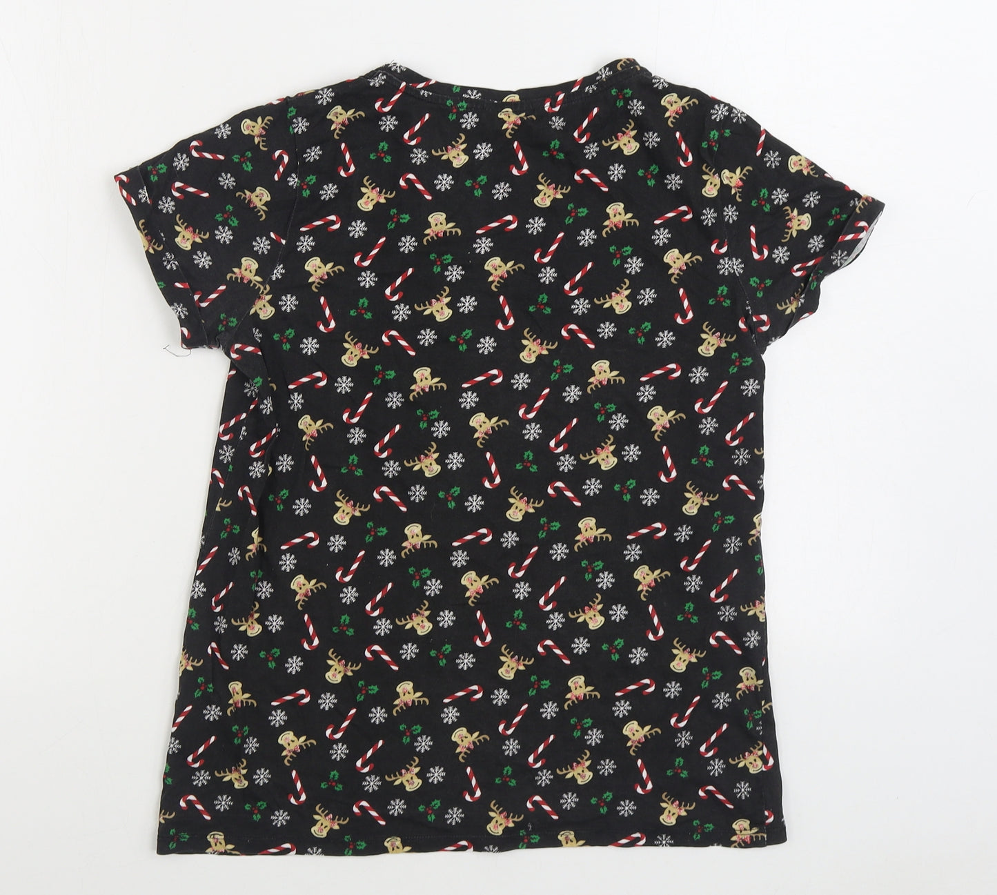 Pep & Co Womens Black Geometric Cotton Basic T-Shirt Size 8 Round Neck