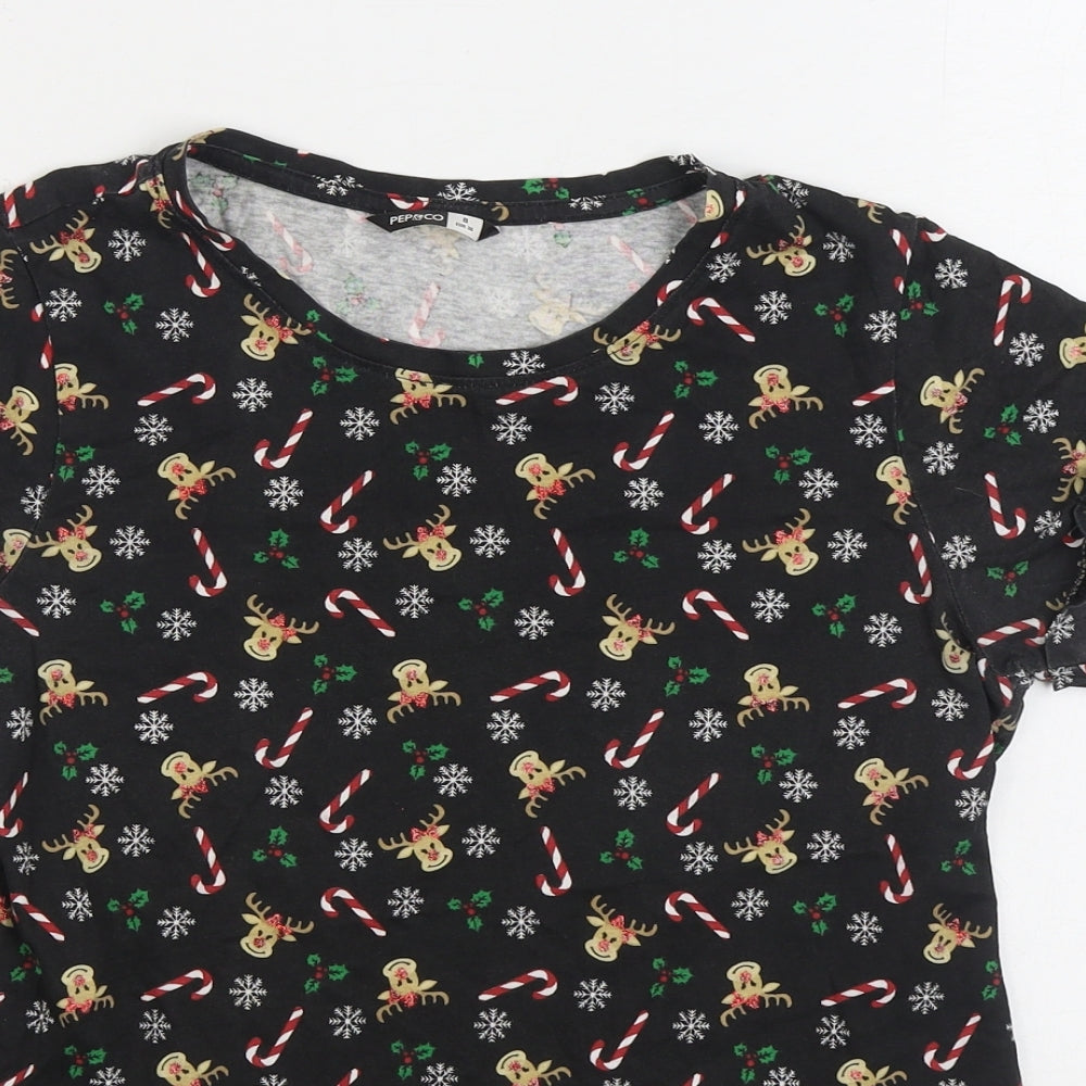 Pep & Co Womens Black Geometric Cotton Basic T-Shirt Size 8 Round Neck