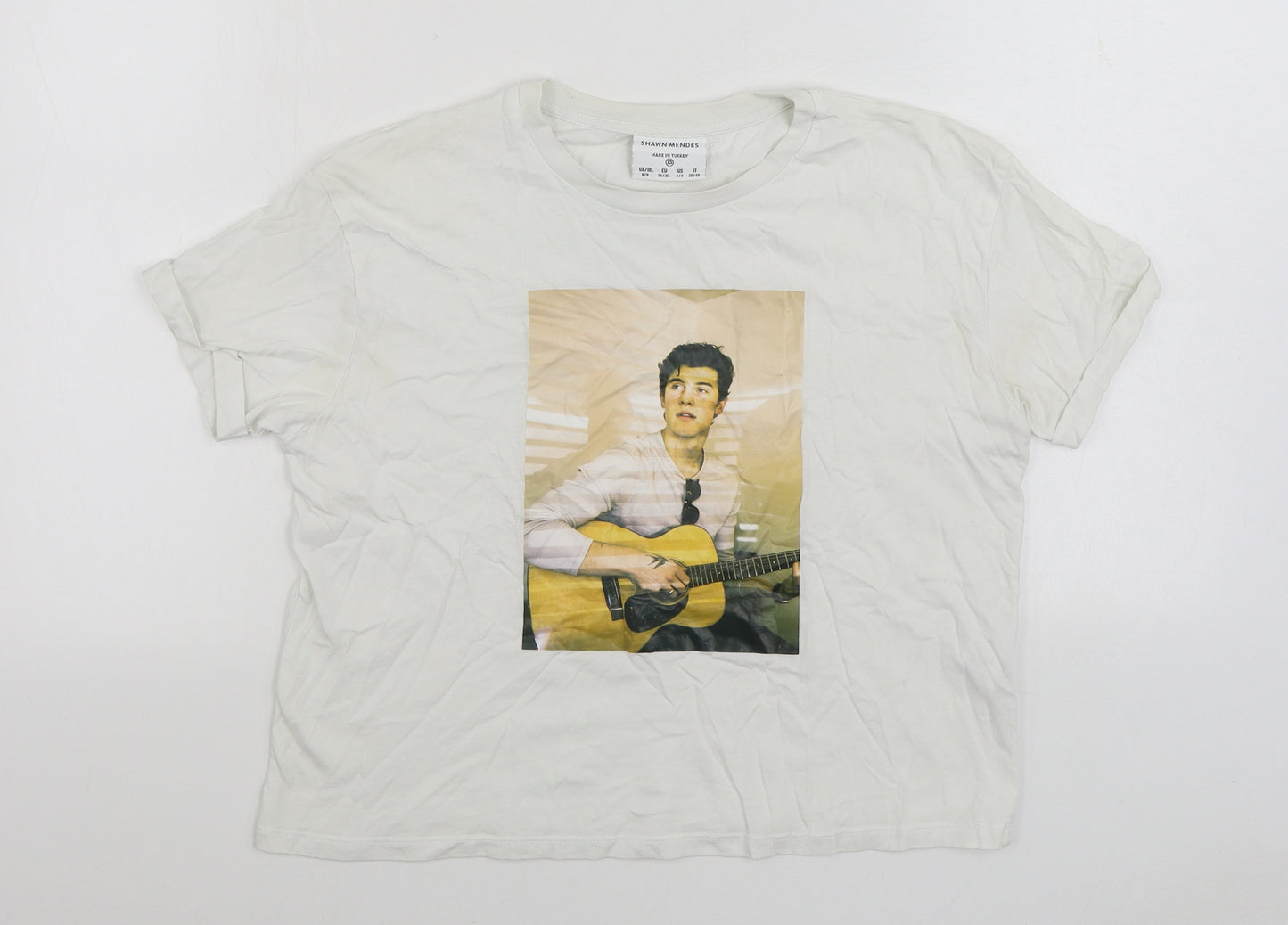 Primark Womens White 100% Cotton Basic T-Shirt Size XS Round Neck - Shawn Mendes