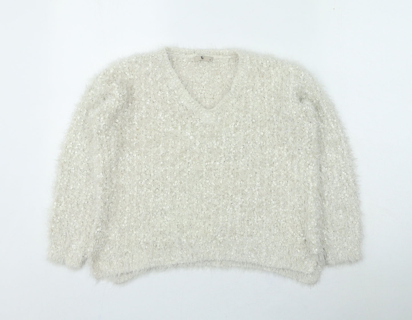TU Womens Ivory V-Neck Polyester Pullover Jumper Size 12