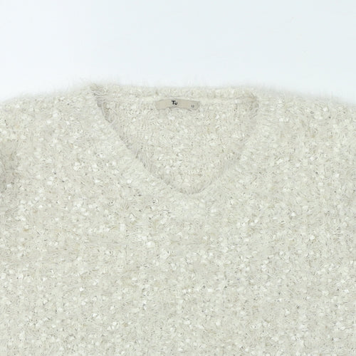 TU Womens Ivory V-Neck Polyester Pullover Jumper Size 12
