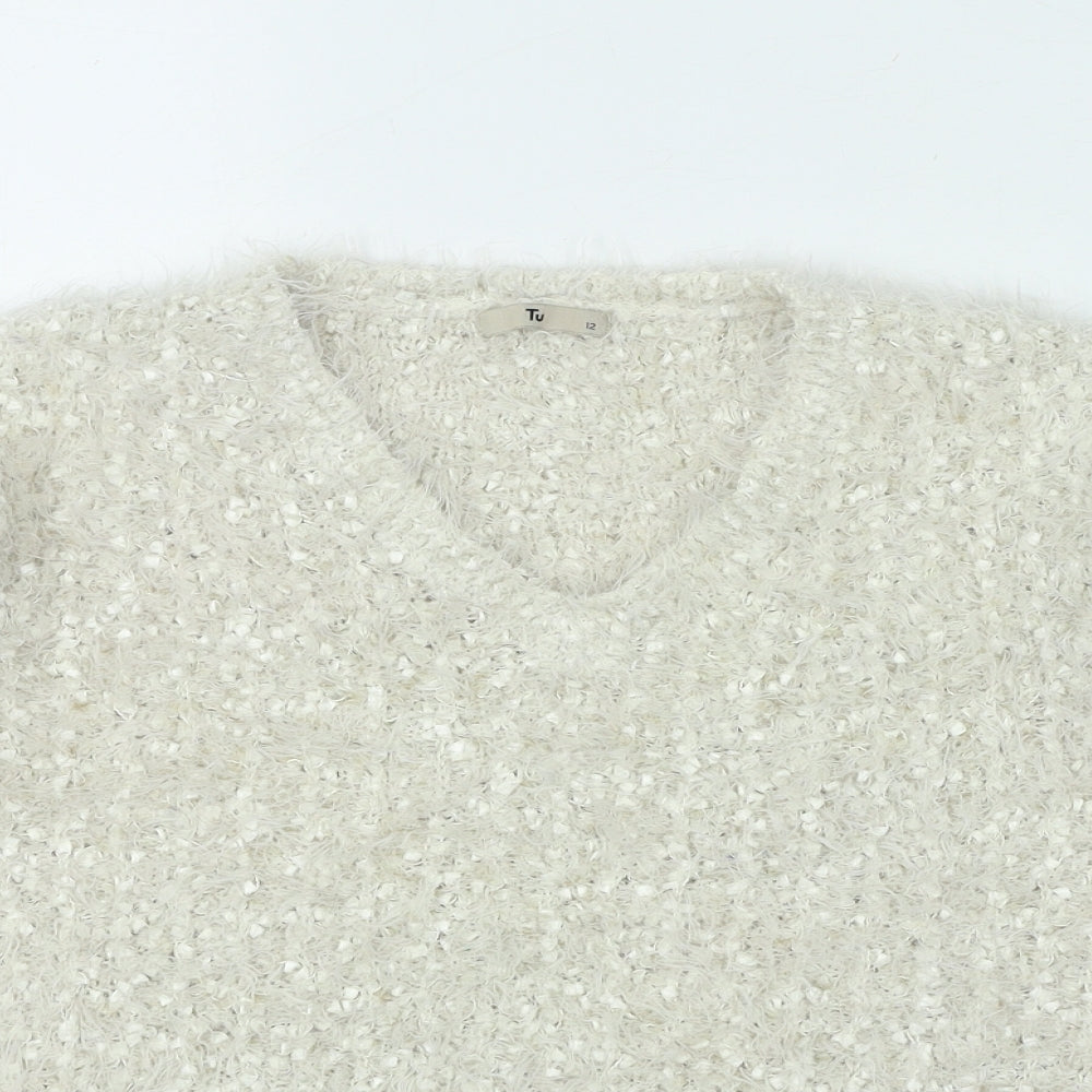 TU Womens Ivory V-Neck Polyester Pullover Jumper Size 12