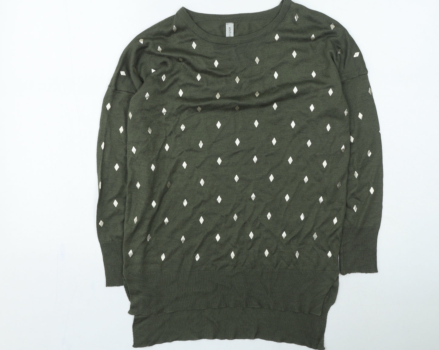 anthem Womens Green Round Neck Geometric Acrylic Pullover Jumper Size XS