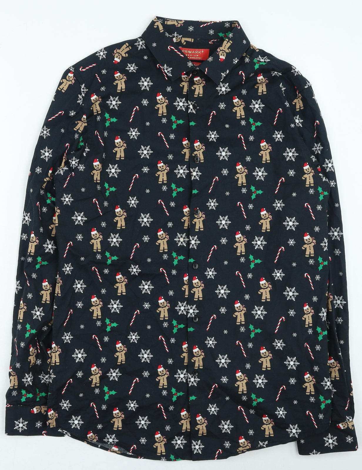 Primark Mens Black Geometric Cotton Button-Up Size M Collared - Christmas shirt