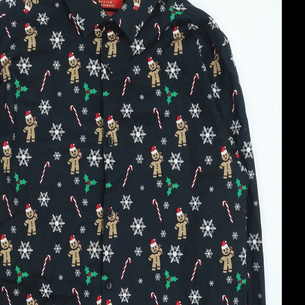 Primark Mens Black Geometric Cotton Button-Up Size M Collared - Christmas shirt