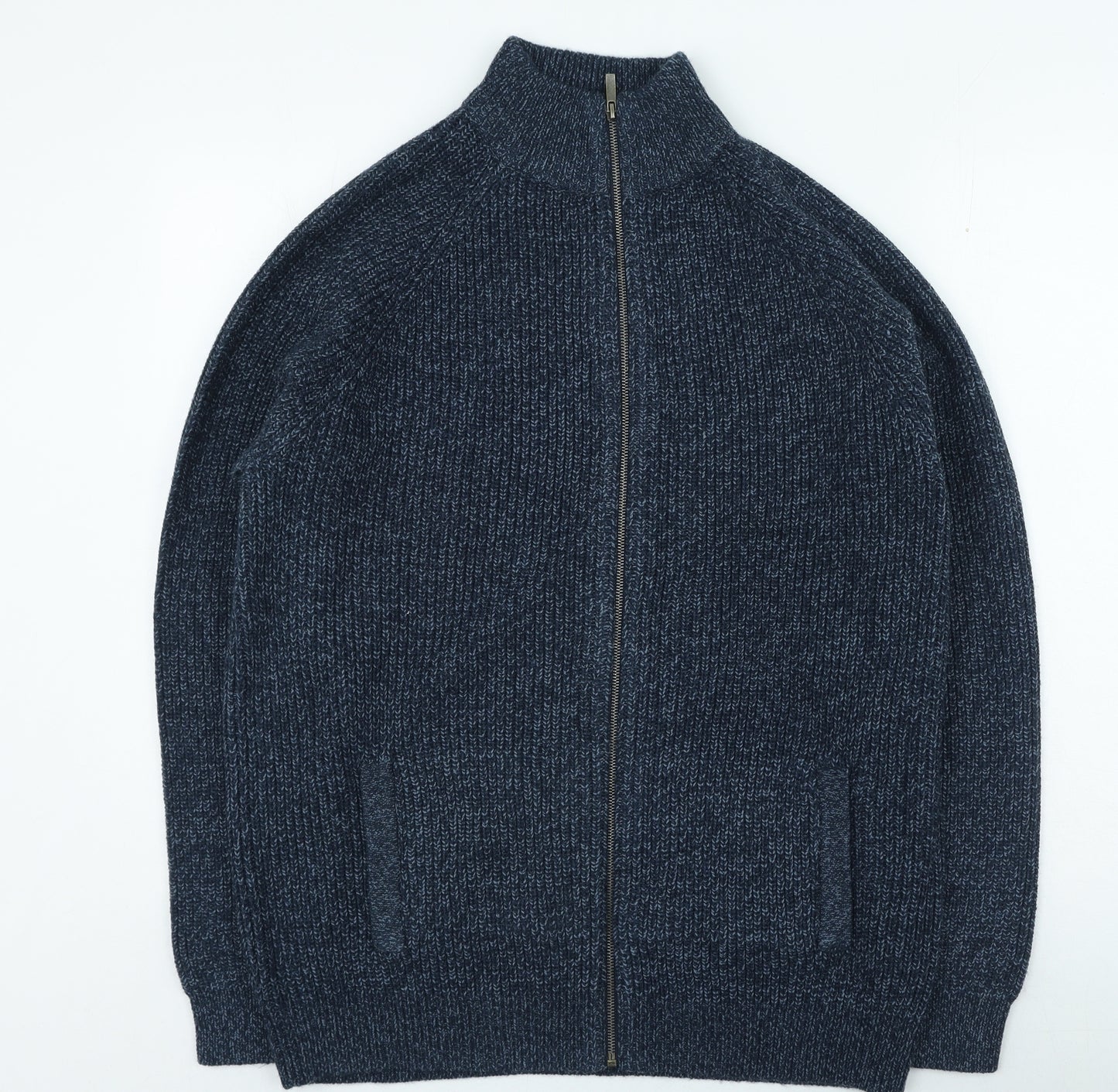 F&F Mens Blue High Neck Acrylic Full Zip Jumper Size XL