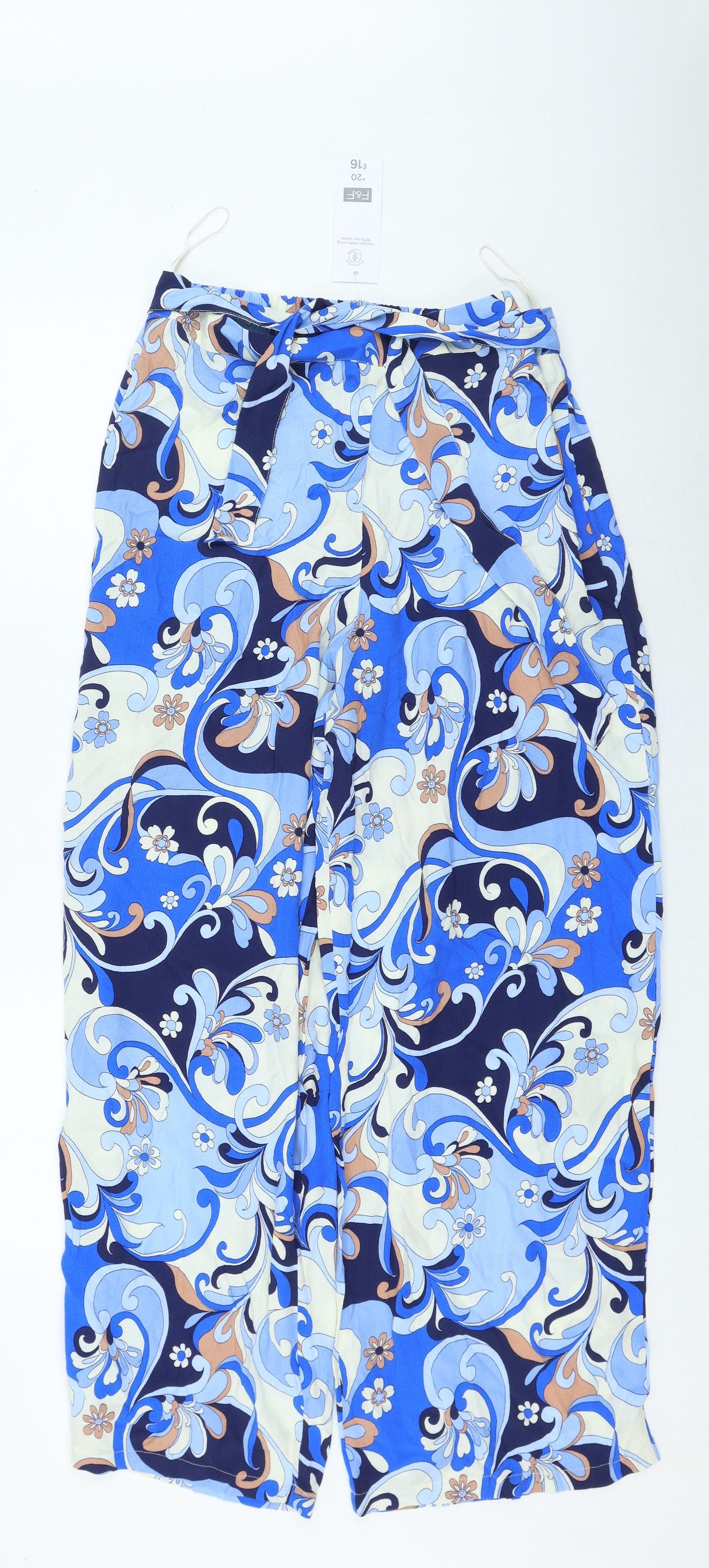 F&F Womens Blue Floral Viscose Trousers Size 14 L31 in Regular