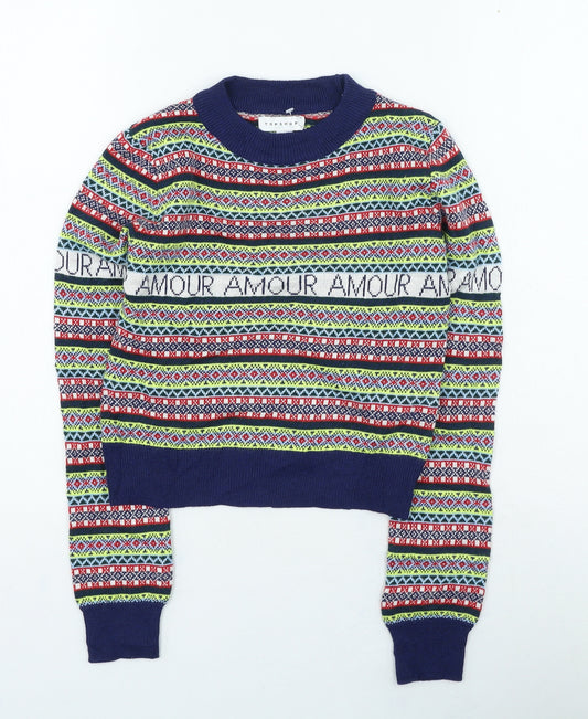 Front view of Topshop women’s multicoloured high neck geometric polyester jumper, size UK 8