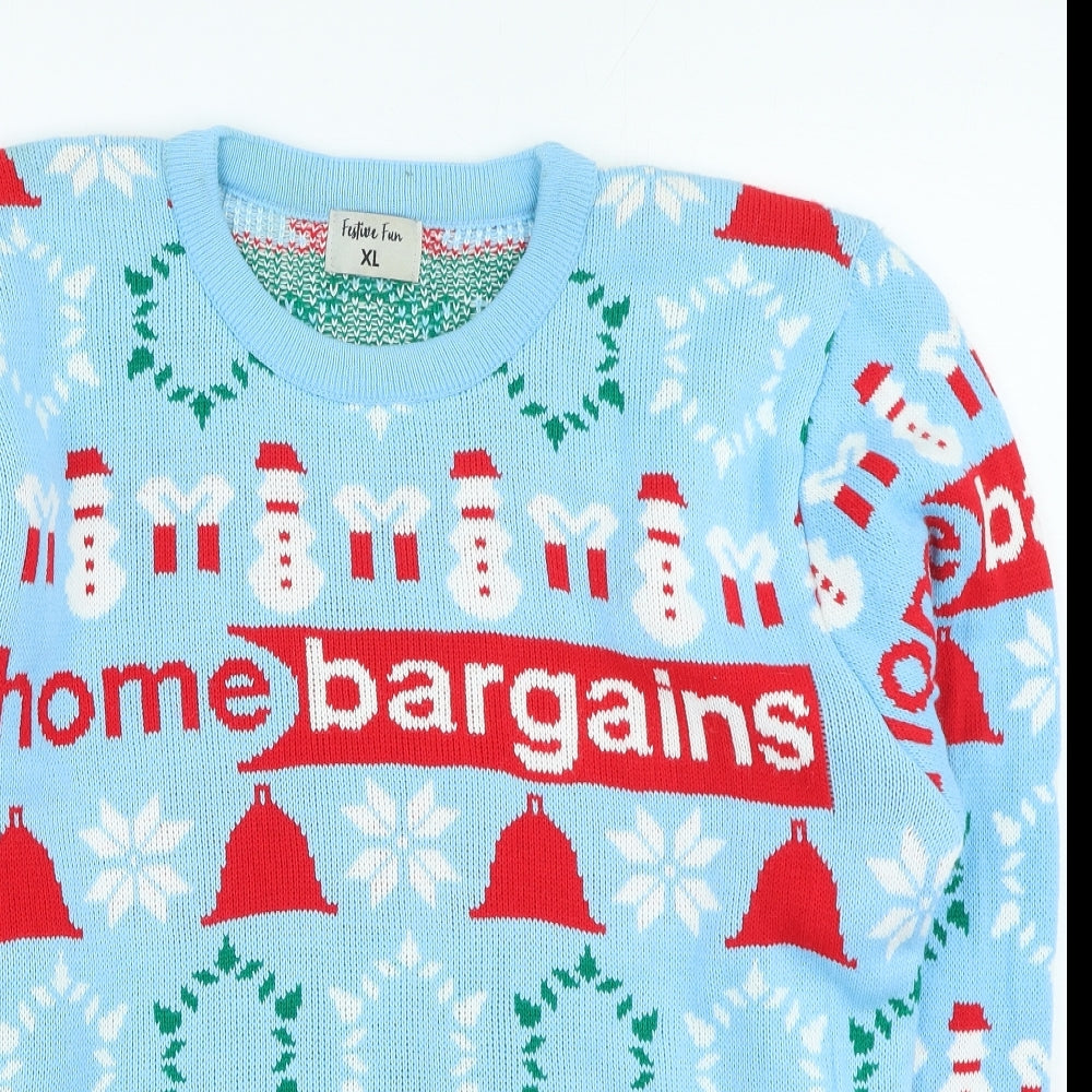 Festive fun Mens Blue Round Neck Geometric Acrylic Pullover Jumper Size XL