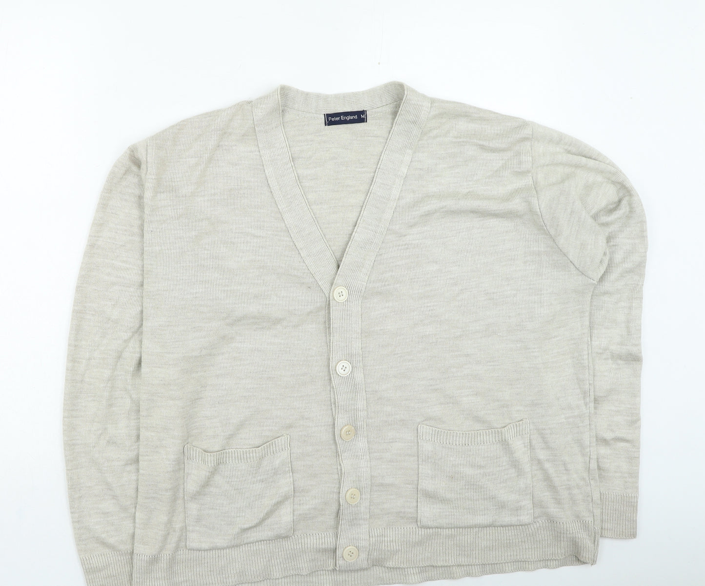 Peter England Mens Beige Round Neck Acrylic Cardigan Jumper Size M