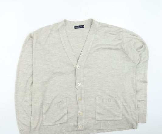 Front view of Peter England men’s beige round neck acrylic cardigan jumper, size M